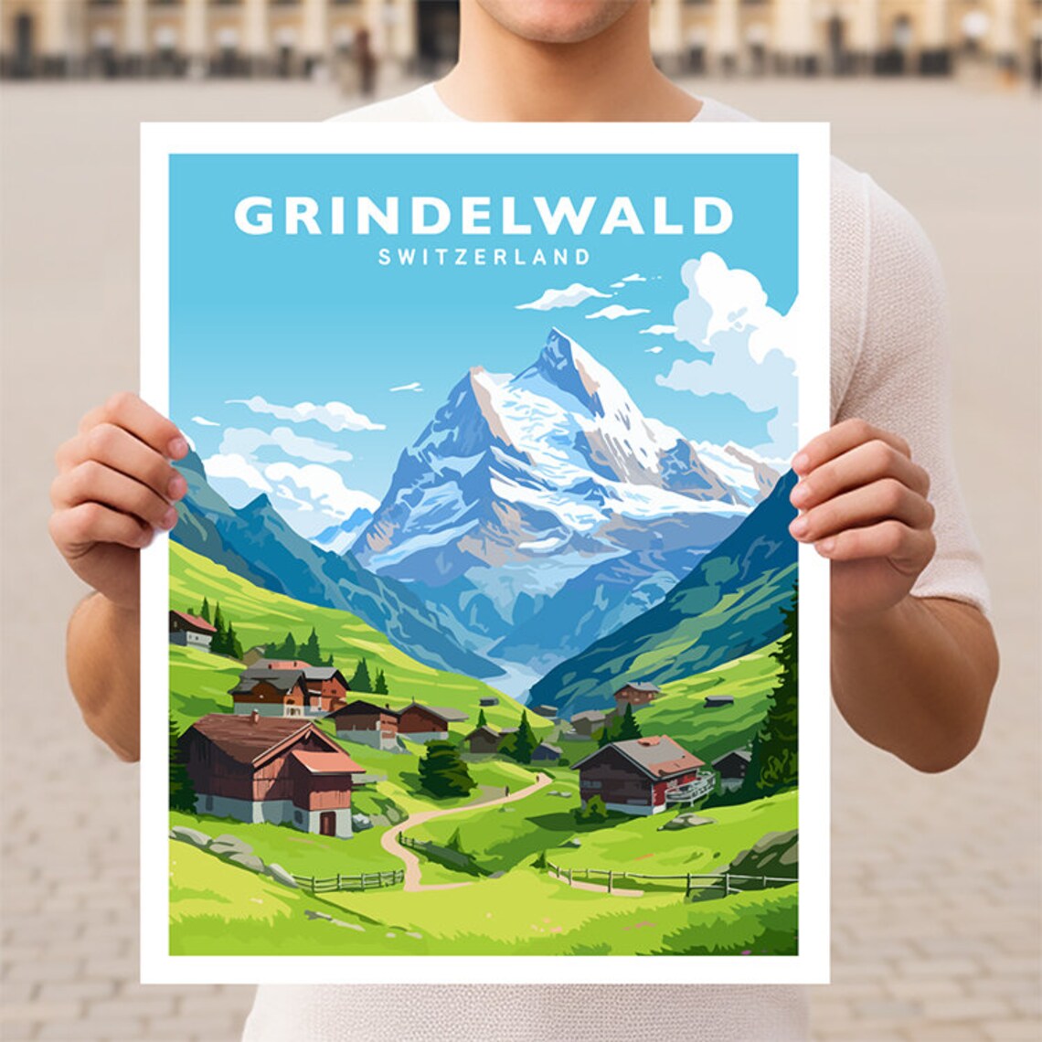 Grindelwald Switzerland Alpine Village Snow Peaks Travel Poster