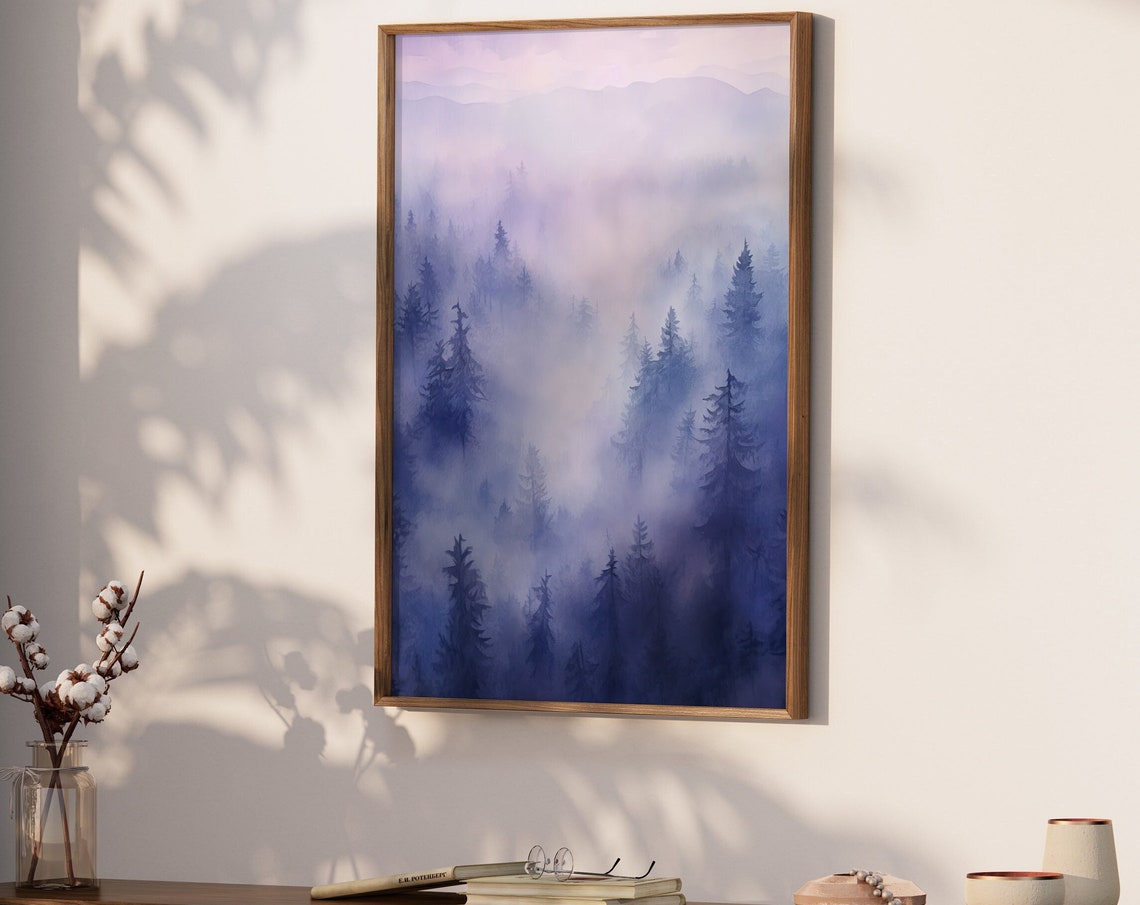 Misty Lavender Pine Forest Dreamy Watercolor Landscape Poster - Image 3