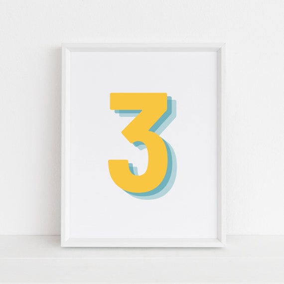 Retro 3d Yellow Number 3 Print Monogram Number Three Print Yellow Digit Birthday Age Print Baby Letter Poster Wall Art