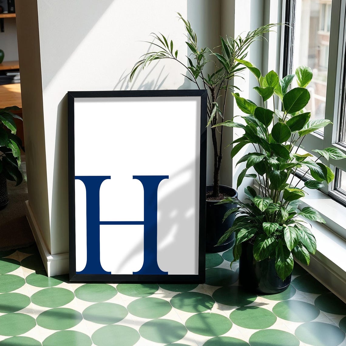 Navy Blue Letter H Serif Monogram Minimalist Typographic Poster