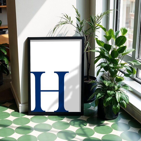 Navy Blue Letter H Serif Monogram Minimalist Typographic Poster