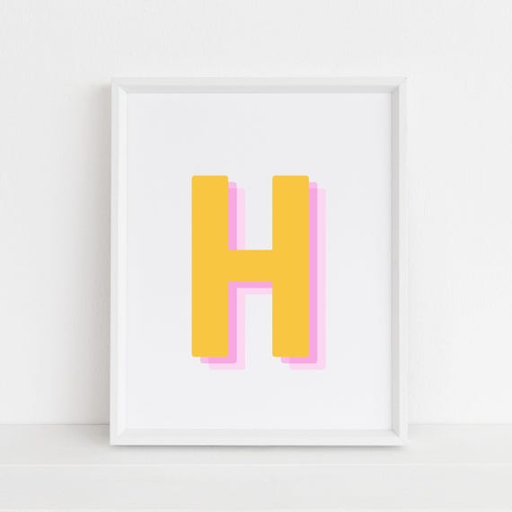 Retro 3d H Print Monogram Letter H Print Yellow Pink Letter Initial Alphabet H Poster Retro Wall Art Dorm Decor
