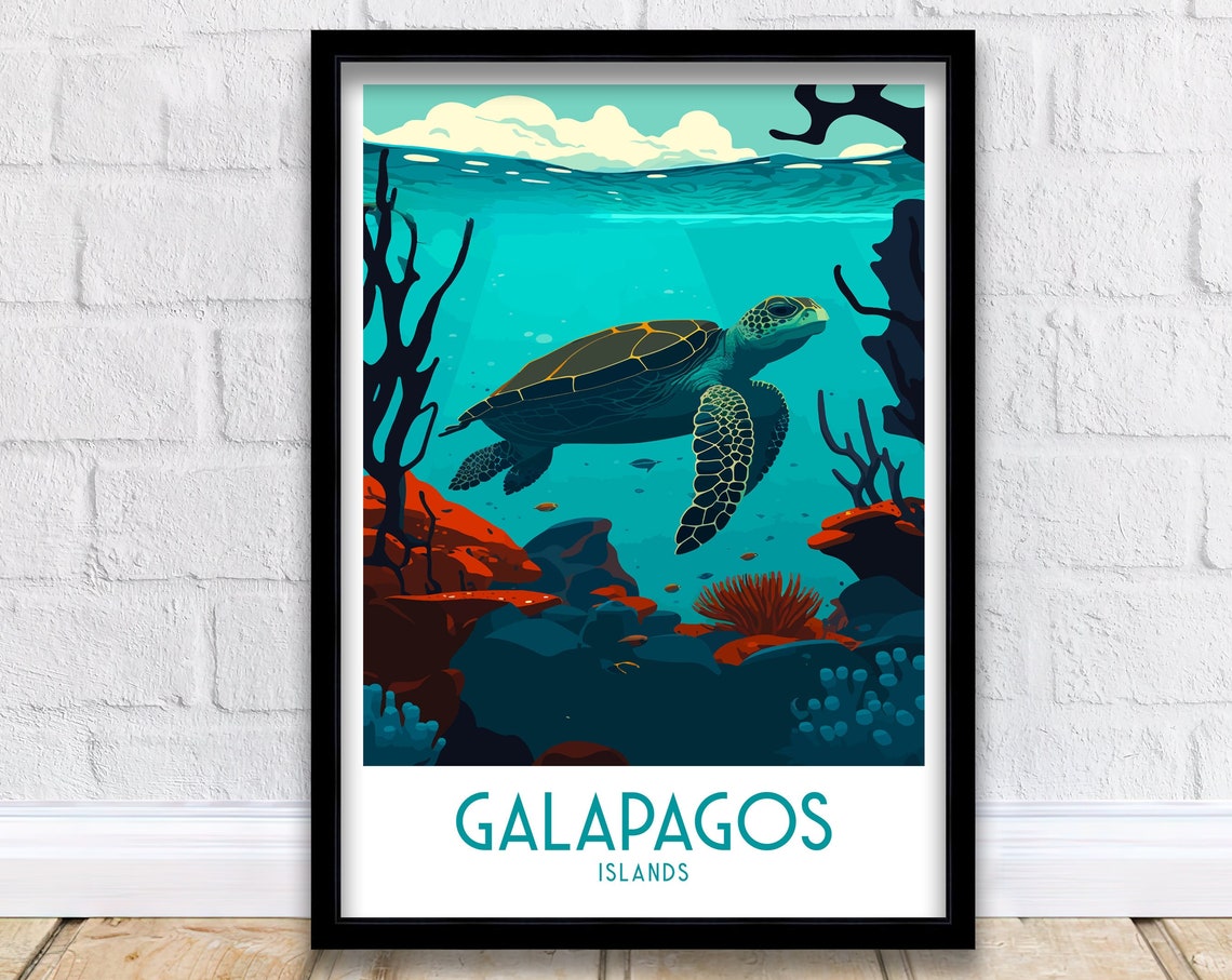 Galapagos Islands Sea Turtle Coral Reef Underwater Art Poster