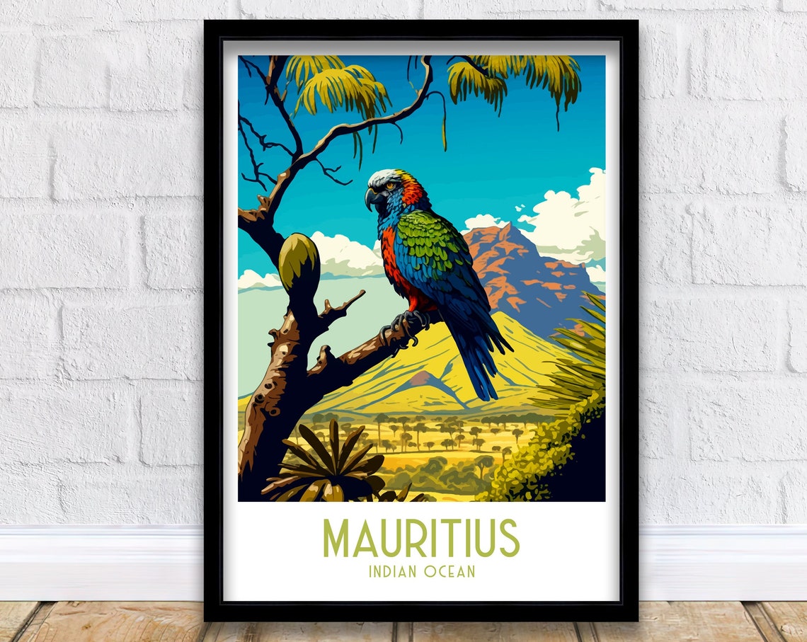 Mauritius Indian Ocean Parrot Tropical Vintage Travel Poster