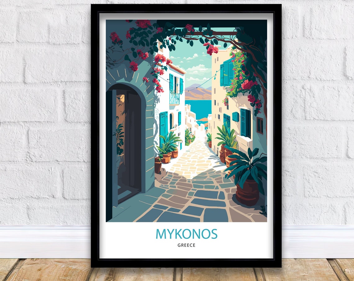 Mykonos Greece Whitewashed Alley Bougainvillea Sea View Travel Poster