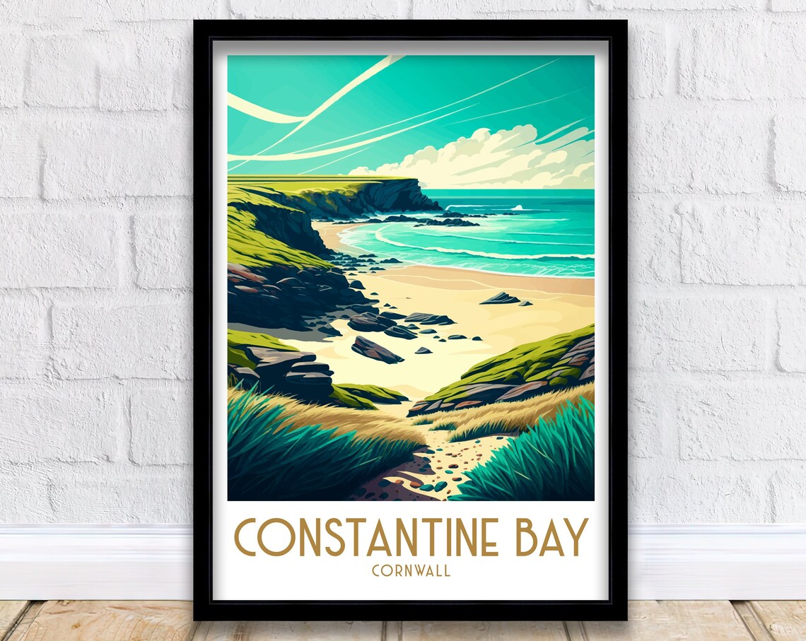 Constantine Bay Cornwall Turquoise Cove Beach Retro Travel Poster
