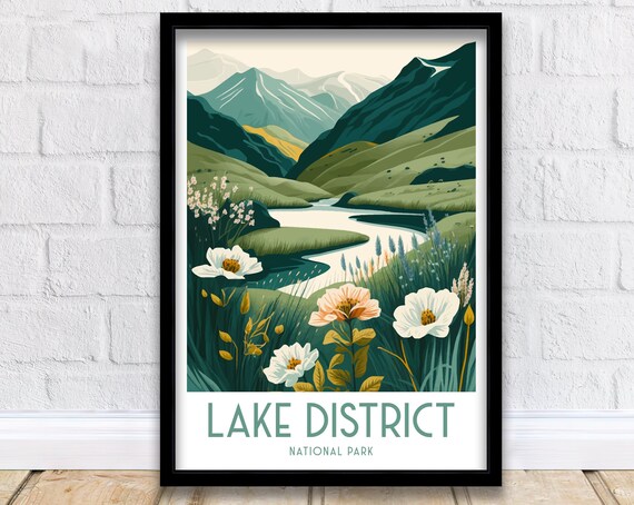 Lake District National Park Green Valley Wildflowers Stream Art Poster