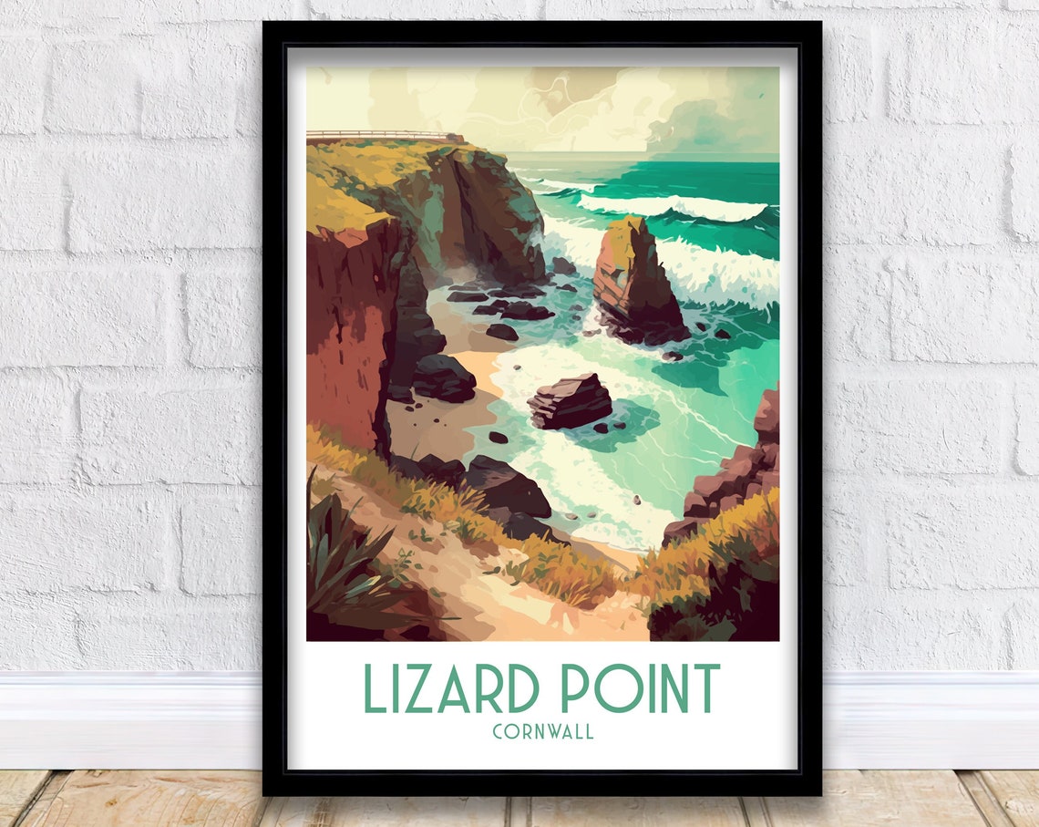 Lizard Point Cornwall Sea Cliffs Retro Travel Illustration Poster