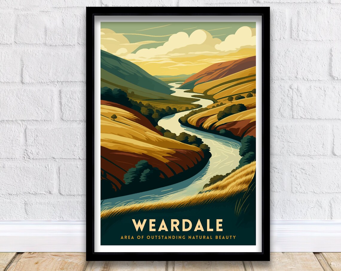 Weardale England River Valley Golden Hills Vintage Style Travel Poster