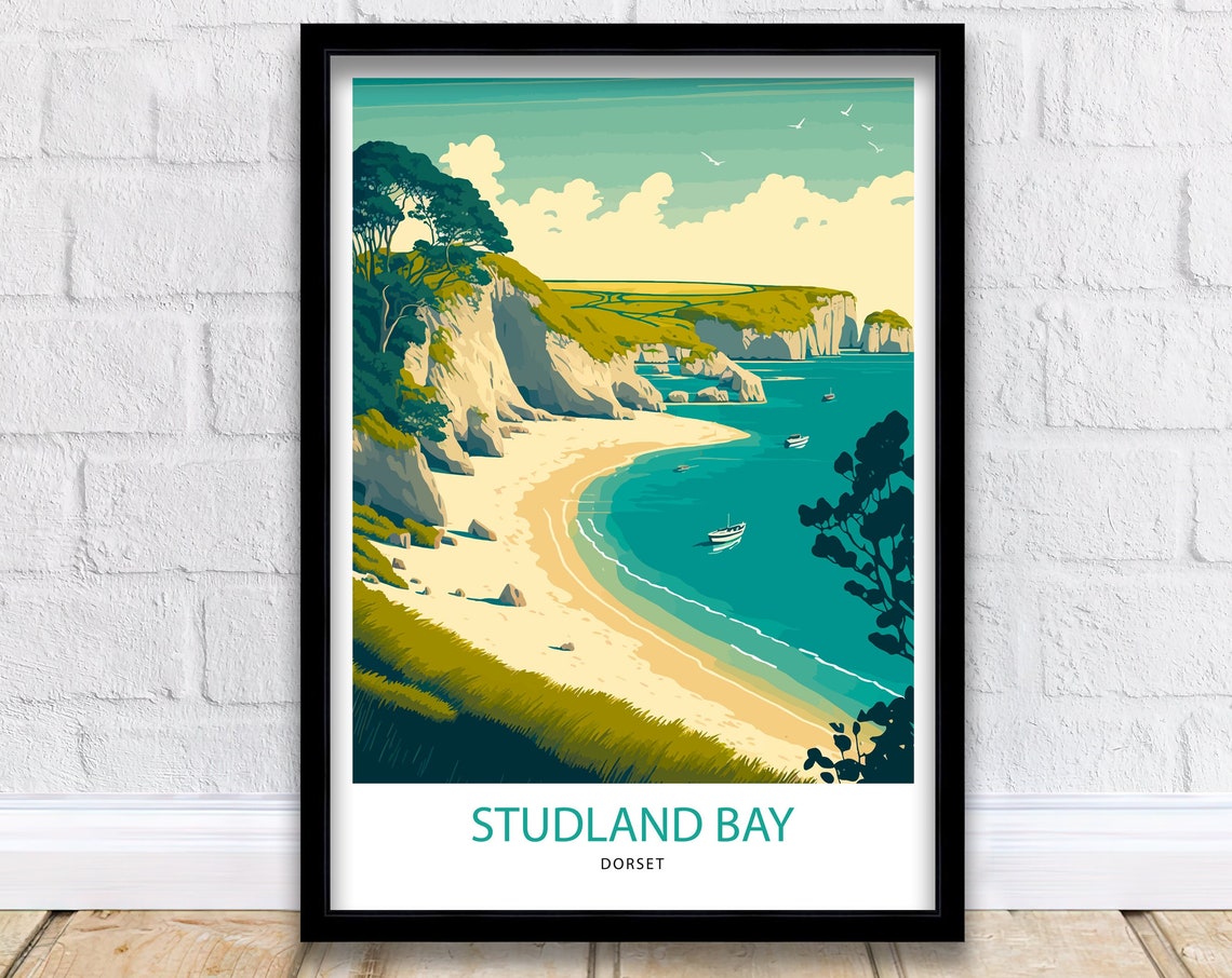 Studland Bay Dorset Crescent Beach White Cliffs Retro Travel Poster