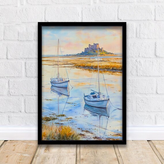 Holy Island Lindisfarne Sunset Boats Castle Watercolor Poster