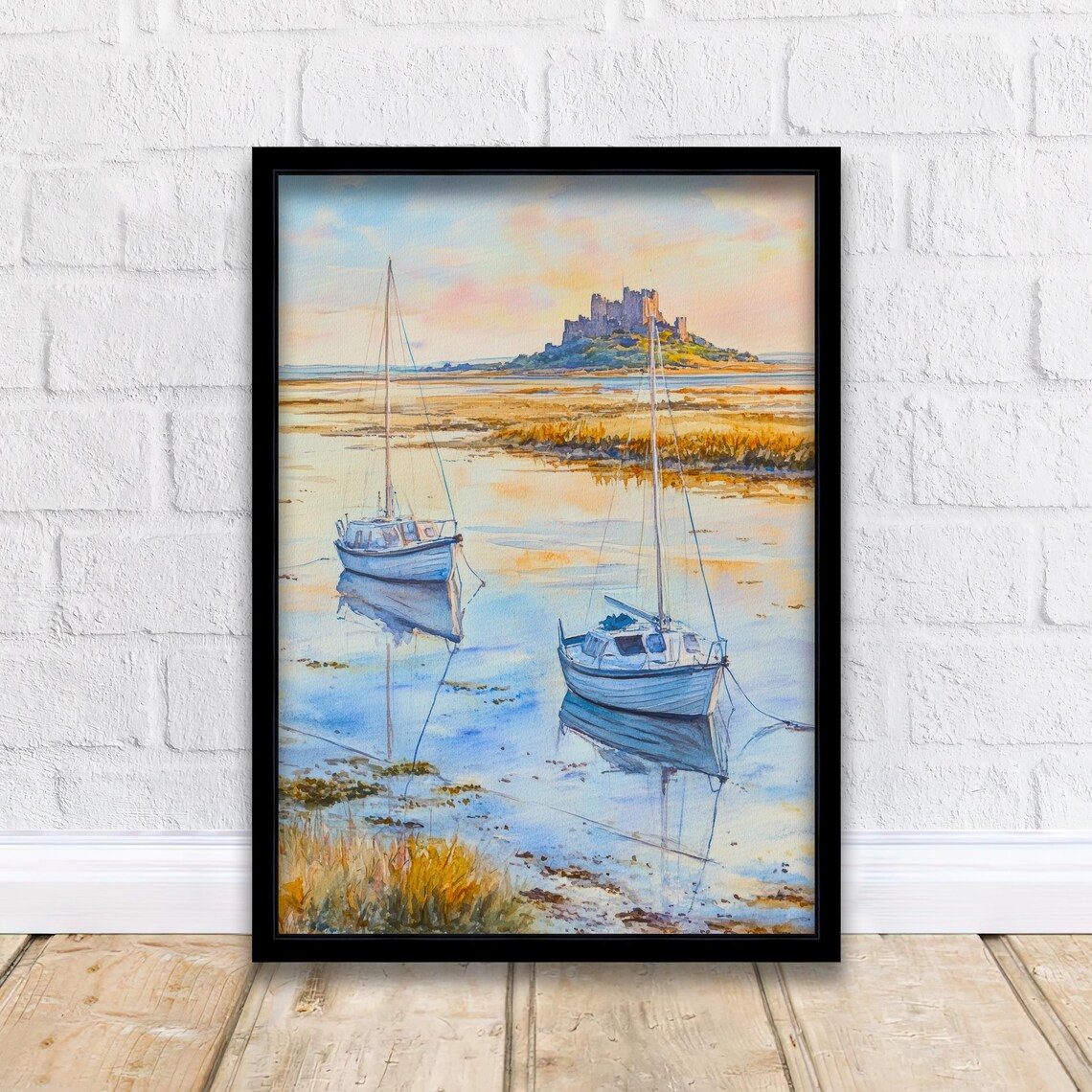 Holy Island Lindisfarne Sunset Boats Castle Watercolor Poster
