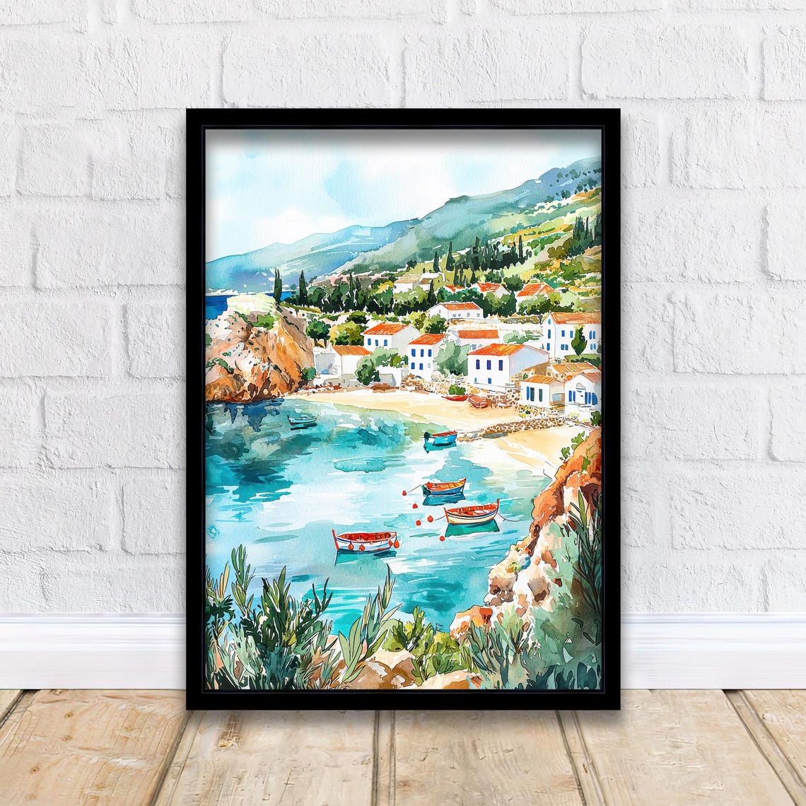 Kefalonia Greece Myrtos Beach Watercolor Turquoise Bay Boats Poster