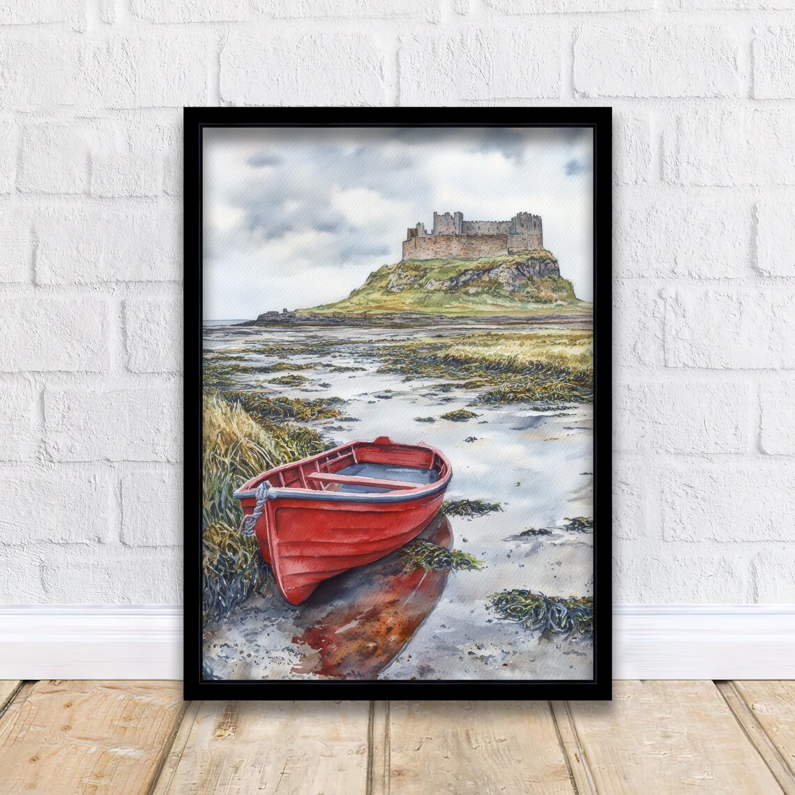 Red Rowboat Beached on Rocky Shore by Castle Watercolor Poster