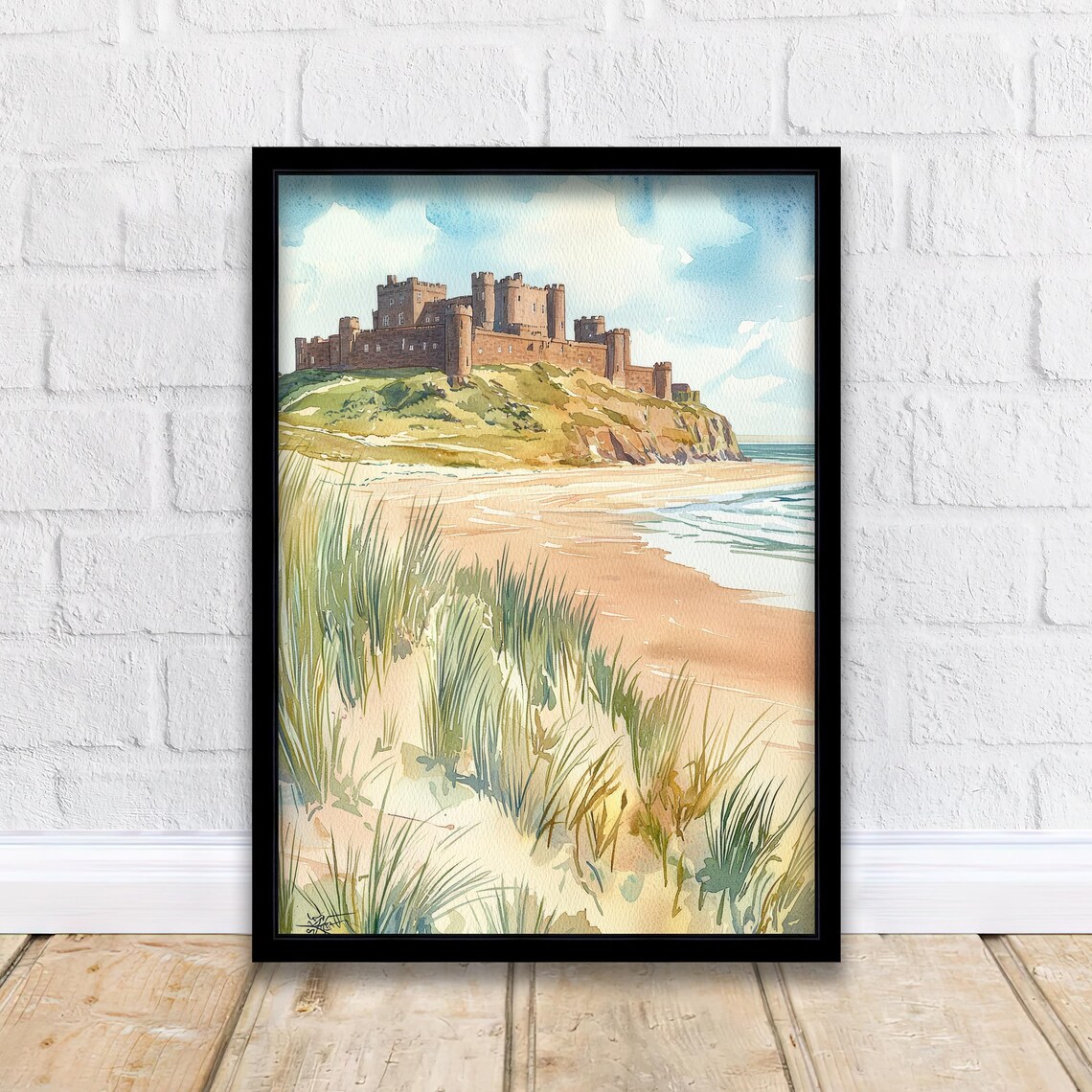 Bamburgh Castle Watercolor Northumberland Beach Cliffs Poster