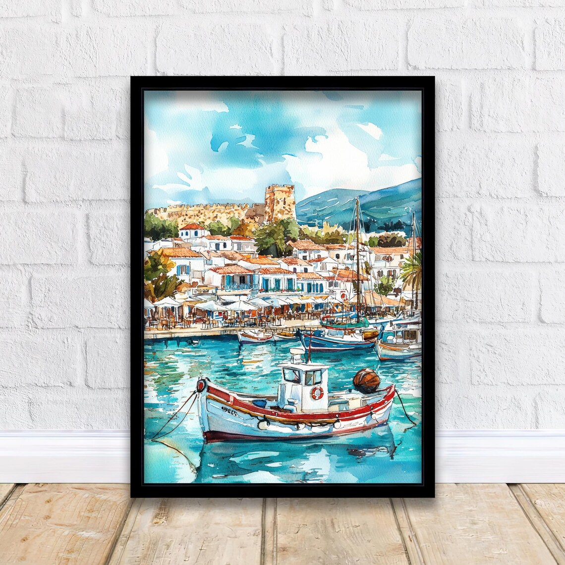 Kos Greece Harbour Watercolor Fishing Boats Castle Town Poster