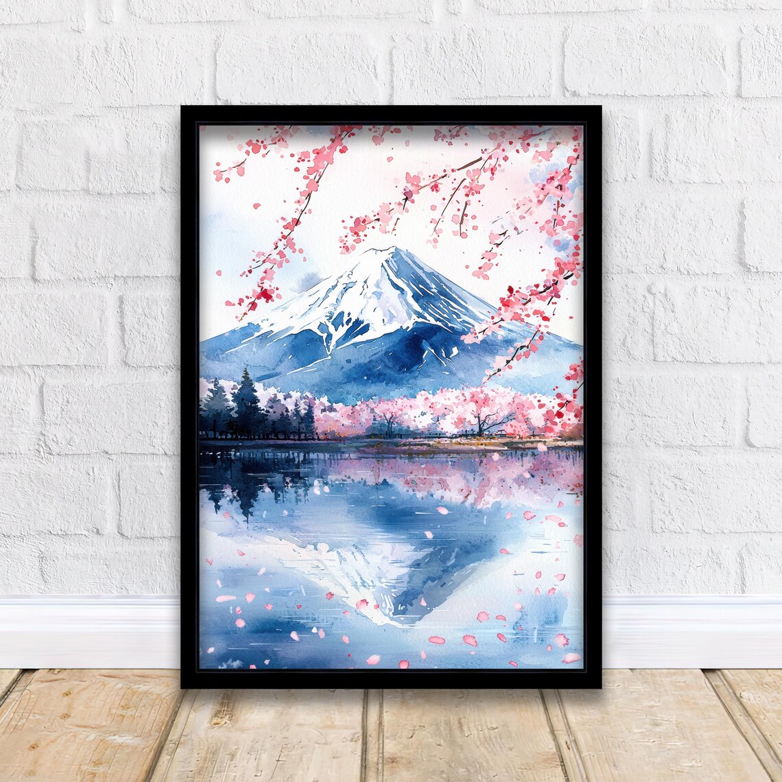 Mount Fuji Cherry Blossom Watercolor Japan Spring Lake View Poster