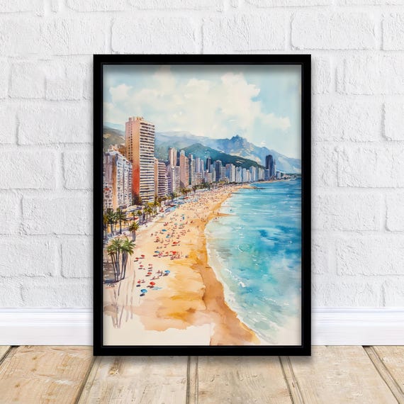 Benidorm Spain Watercolor Travel Poster, Scenic Resort