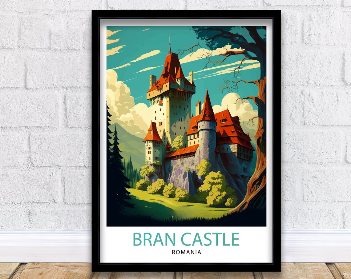Bran Castle Romania Red Roofed Fortress Forest Hillside Art Poster