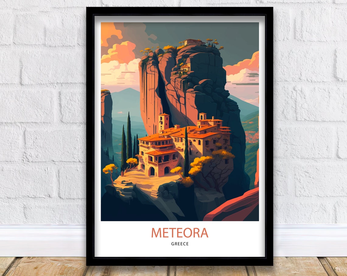 Meteora Greece Cliff Monasteries Golden Hour Retro Travel Poster