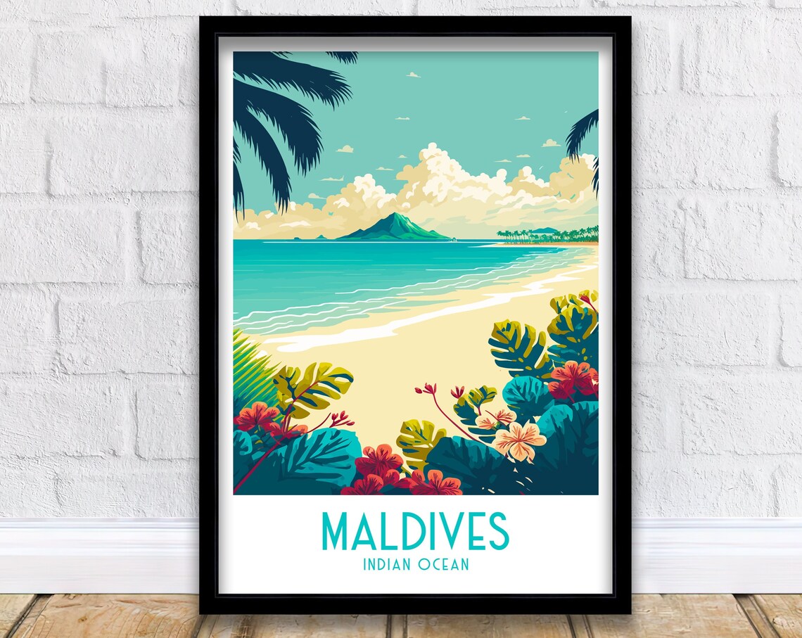 Maldives Indian Ocean Tropical Beach Floral Scene Travel Poster
