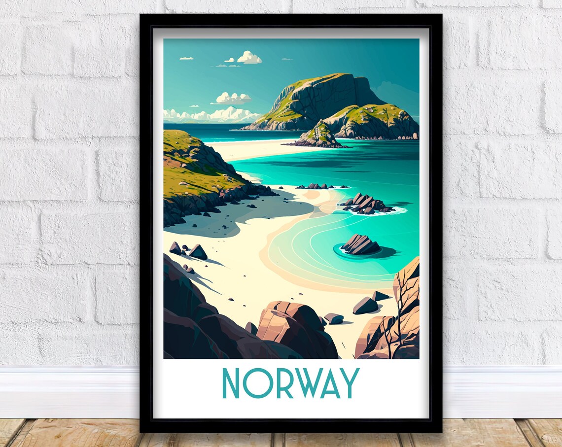 Norway Sandy Beach Turquoise Water Vintage Travel Art Poster