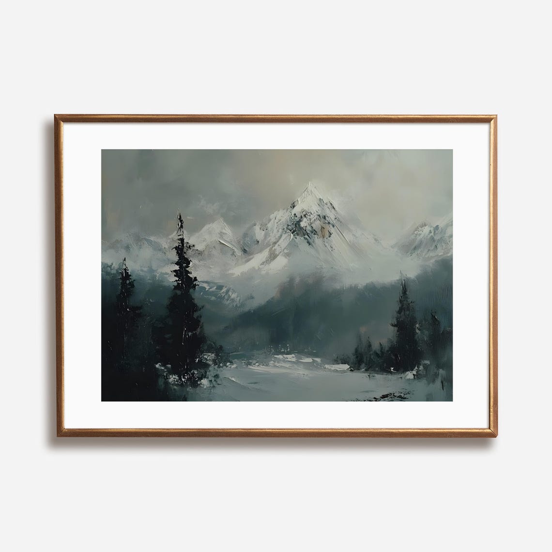 Snow Capped Mountain Peak With Dark Pine Trees Misty Winter Poster - Image 3