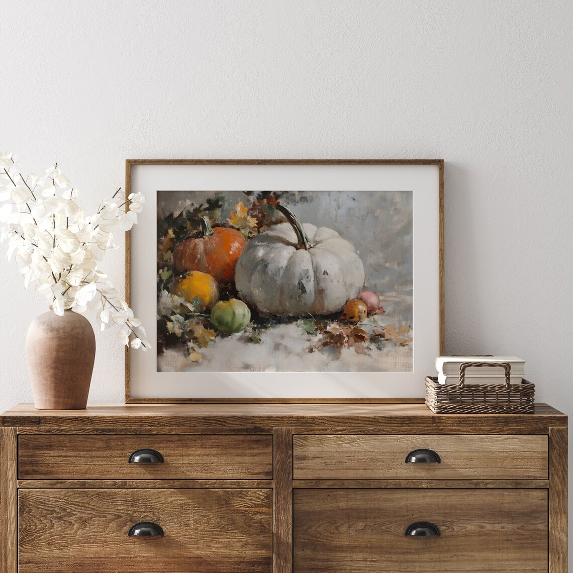White Pumpkin With Orange Pumpkins And Autumn Leaves Still Life Poster - Image 3