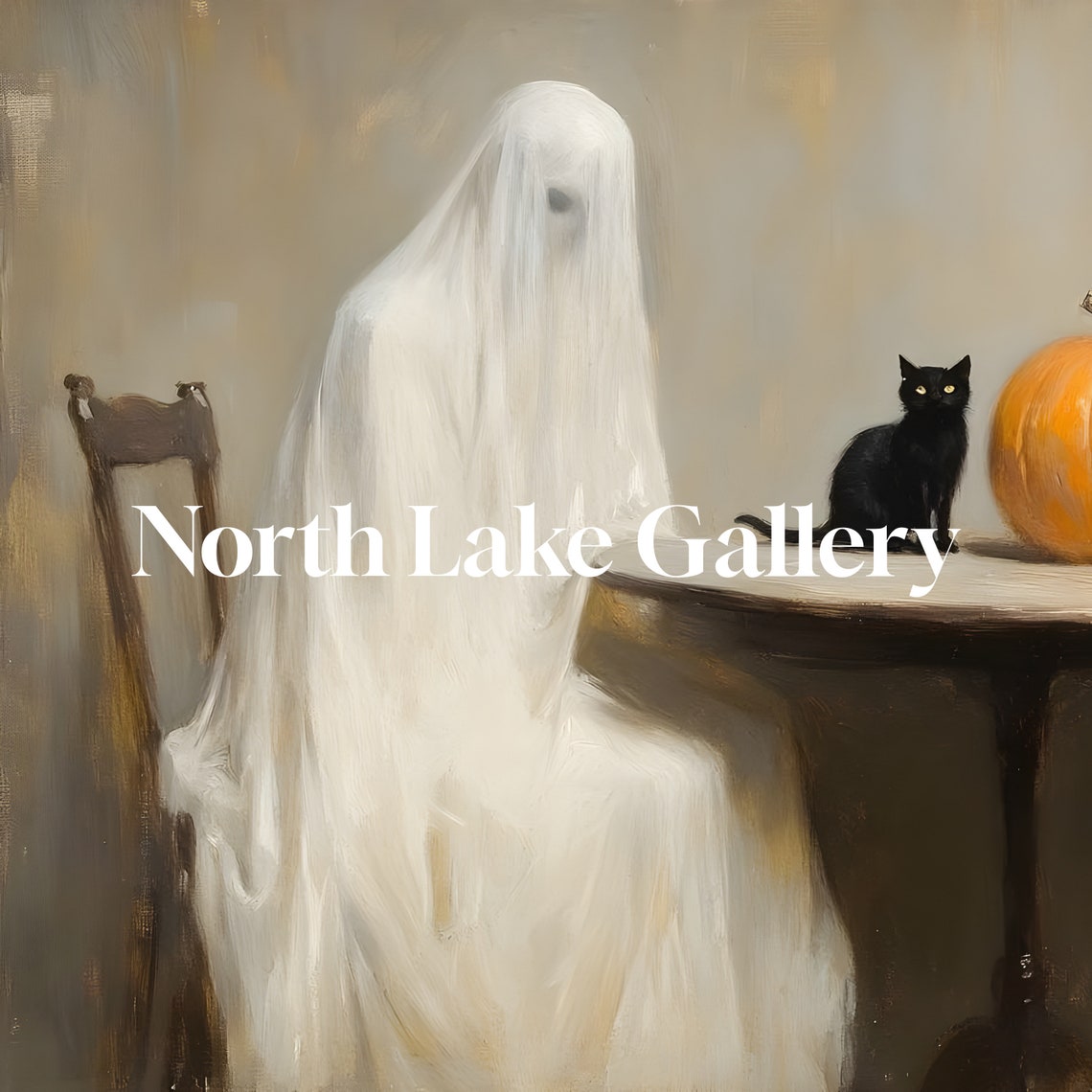 Ghost Sitting With Black Cat And Pumpkin Halloween Art Poster - Image 2