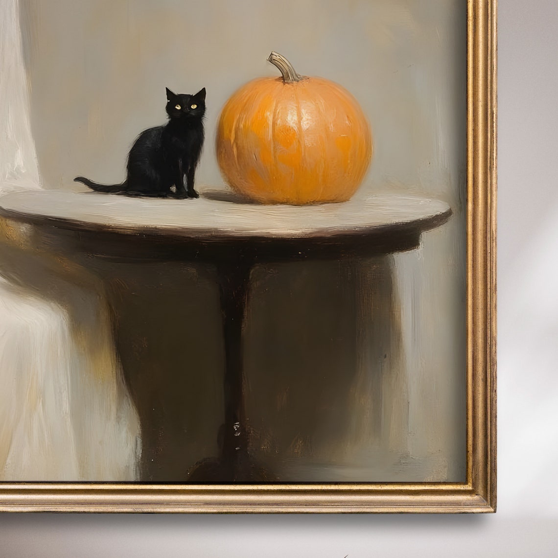 Ghost Sitting With Black Cat And Pumpkin Halloween Art Poster - Image 7