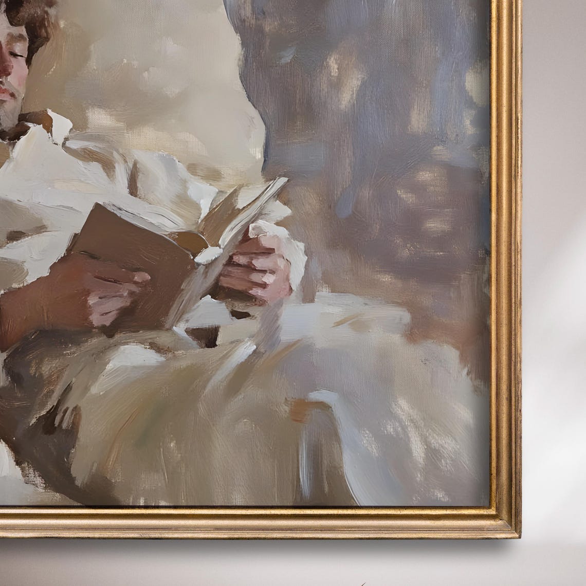 Man Reading Book In Bed Soft Neutral Tones Cozy Painting Poster - Image 7