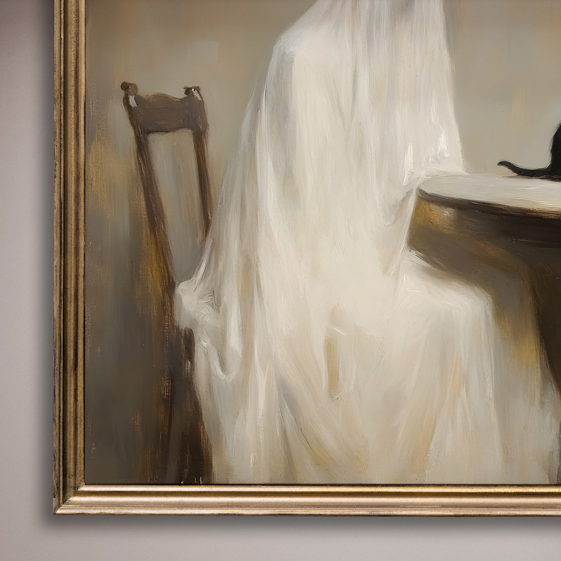 Ghost Sitting With Black Cat And Pumpkin Halloween Art Poster - Image 8