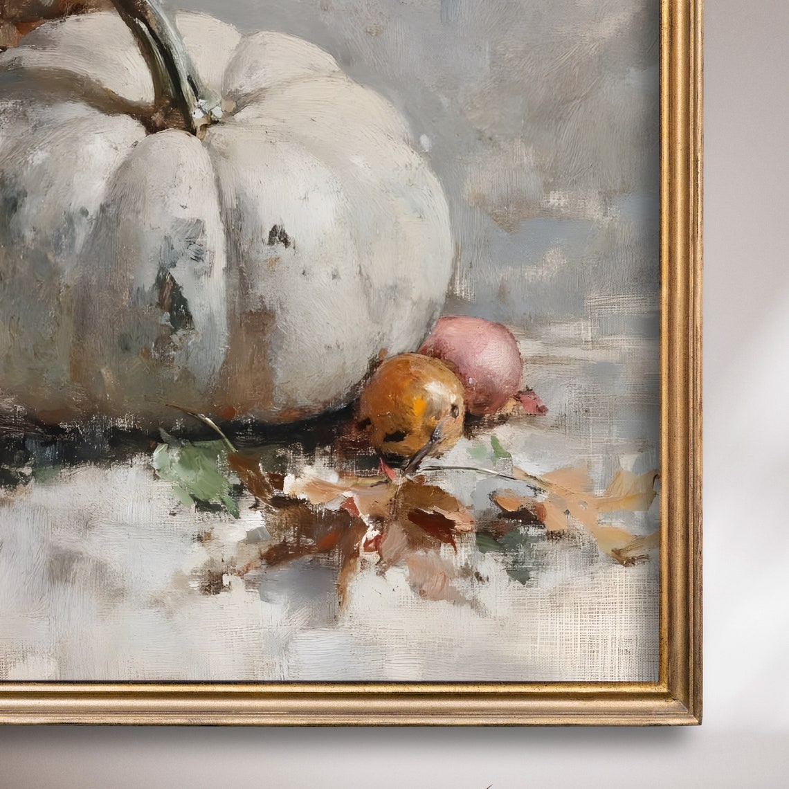 White Pumpkin With Orange Pumpkins And Autumn Leaves Still Life Poster - Image 5