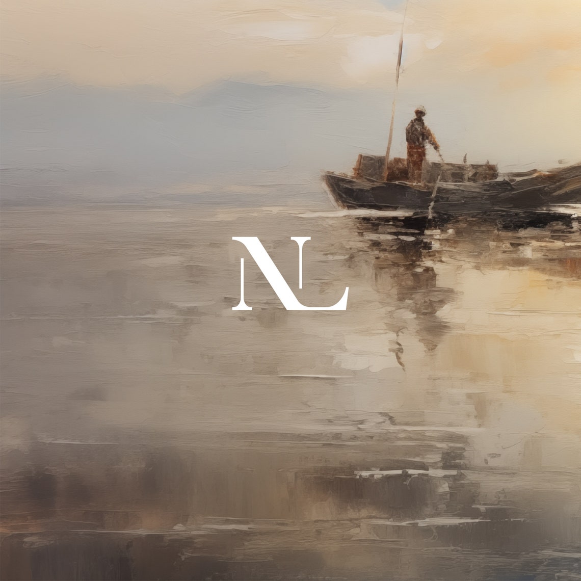Fisherman In Small Boat On Calm Misty Sea Sunset Glow Poster - Image 5