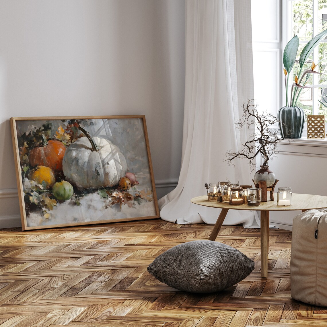 White Pumpkin With Orange Pumpkins And Autumn Leaves Still Life Poster - Image 2