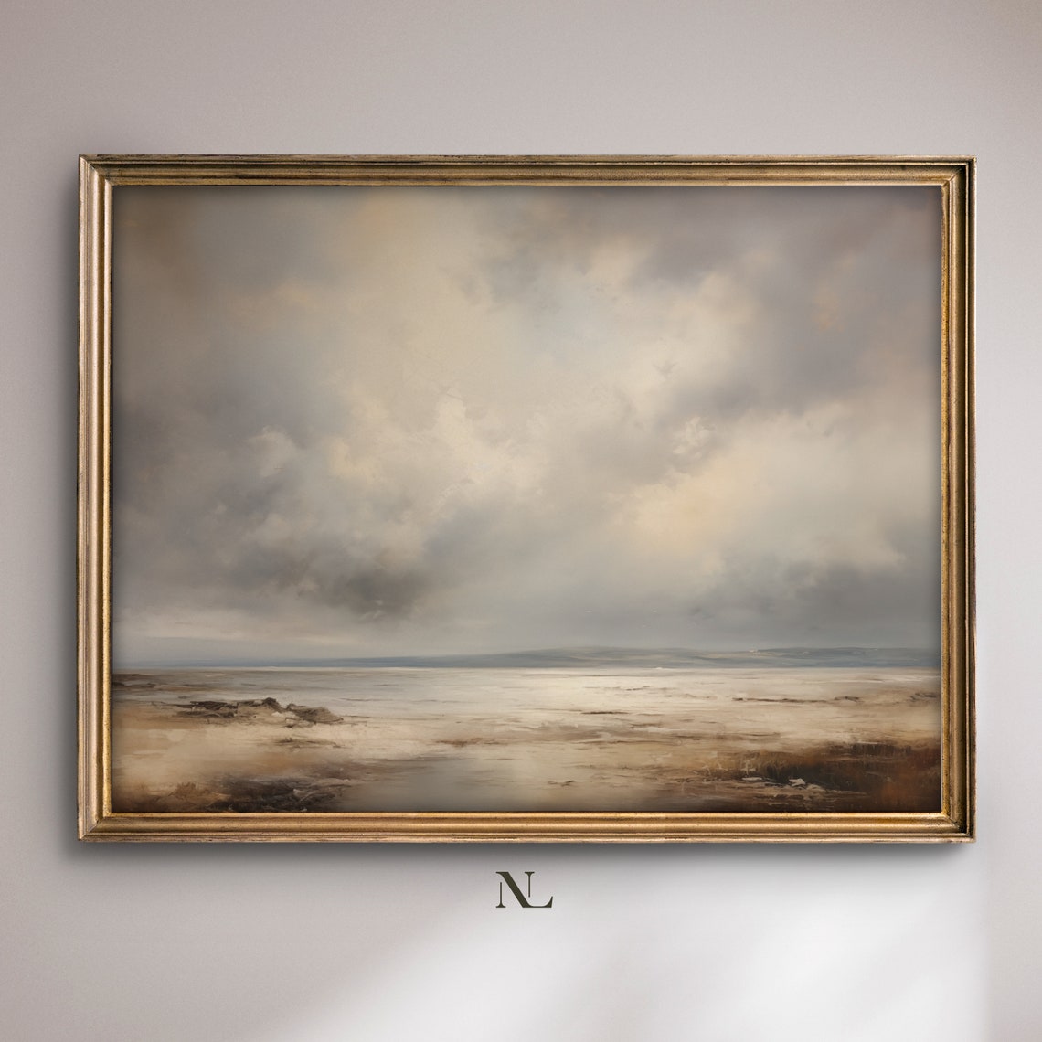 Misty Coastal Shoreline Under Stormy Sky Vintage Style Seascape Poster