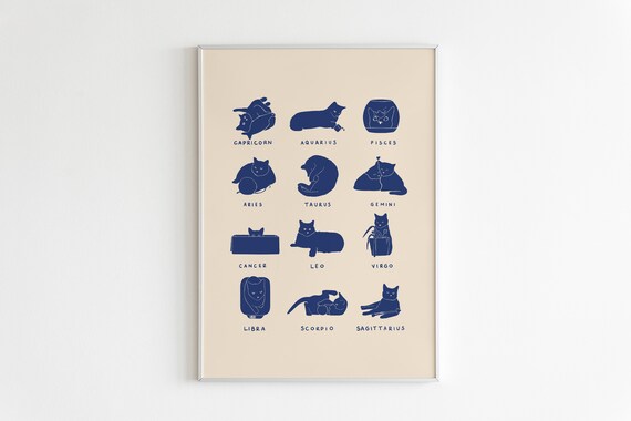 Cat Zodiac Print, Minimalist Astrology Poster