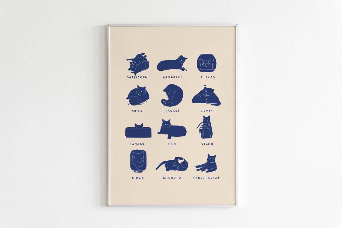 Cat Zodiac Print, Minimalist Astrology Poster