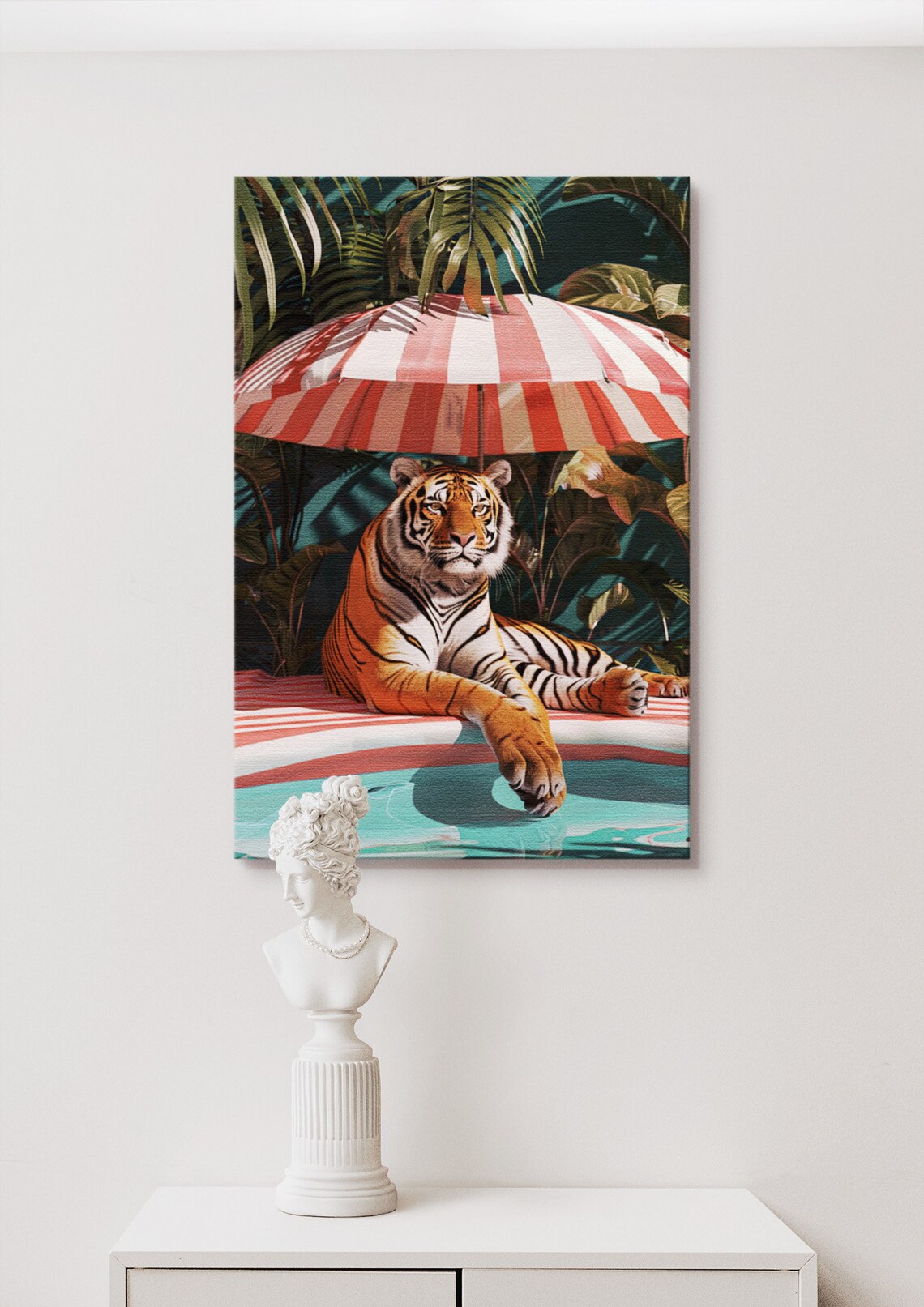 Tiger Under Umbrella By A Pool Art Print