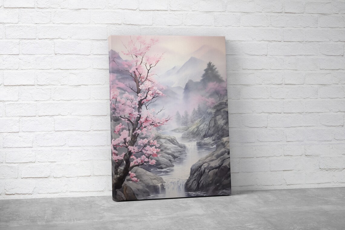 Cherry Blossom Watercolor Landscape Art Print - Image 2