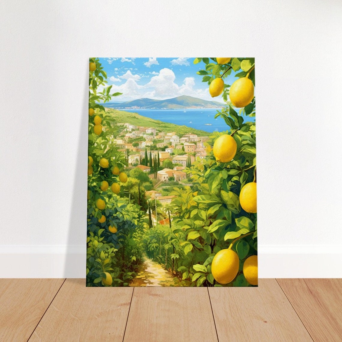 Lemon Grove Overlooking an Amalfi Coast Town Watercolor Poster
