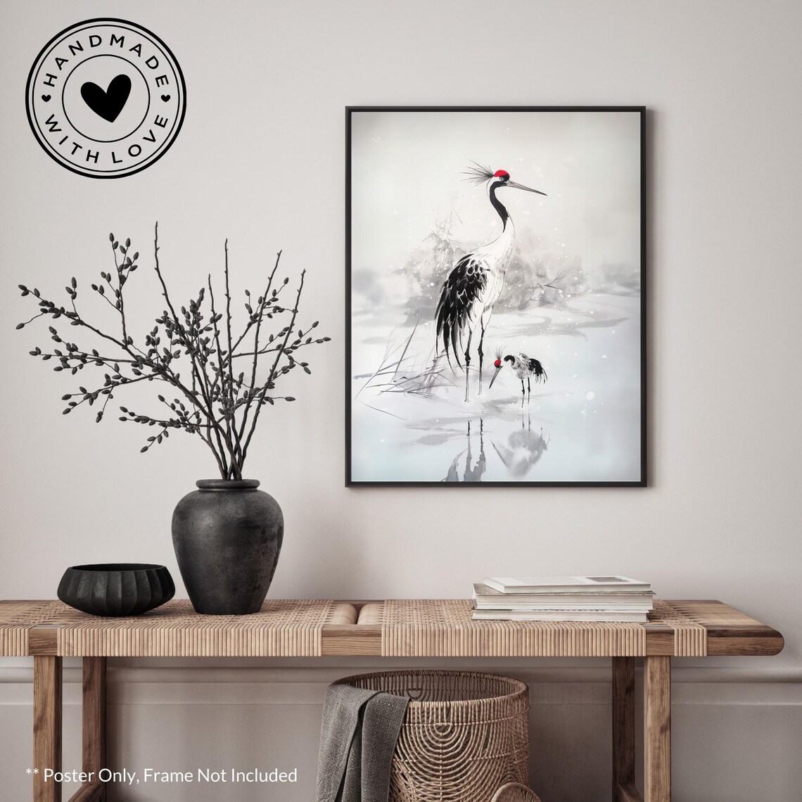 Japanese Kano Motonobu Style Cranes, Traditional Asian Art Print