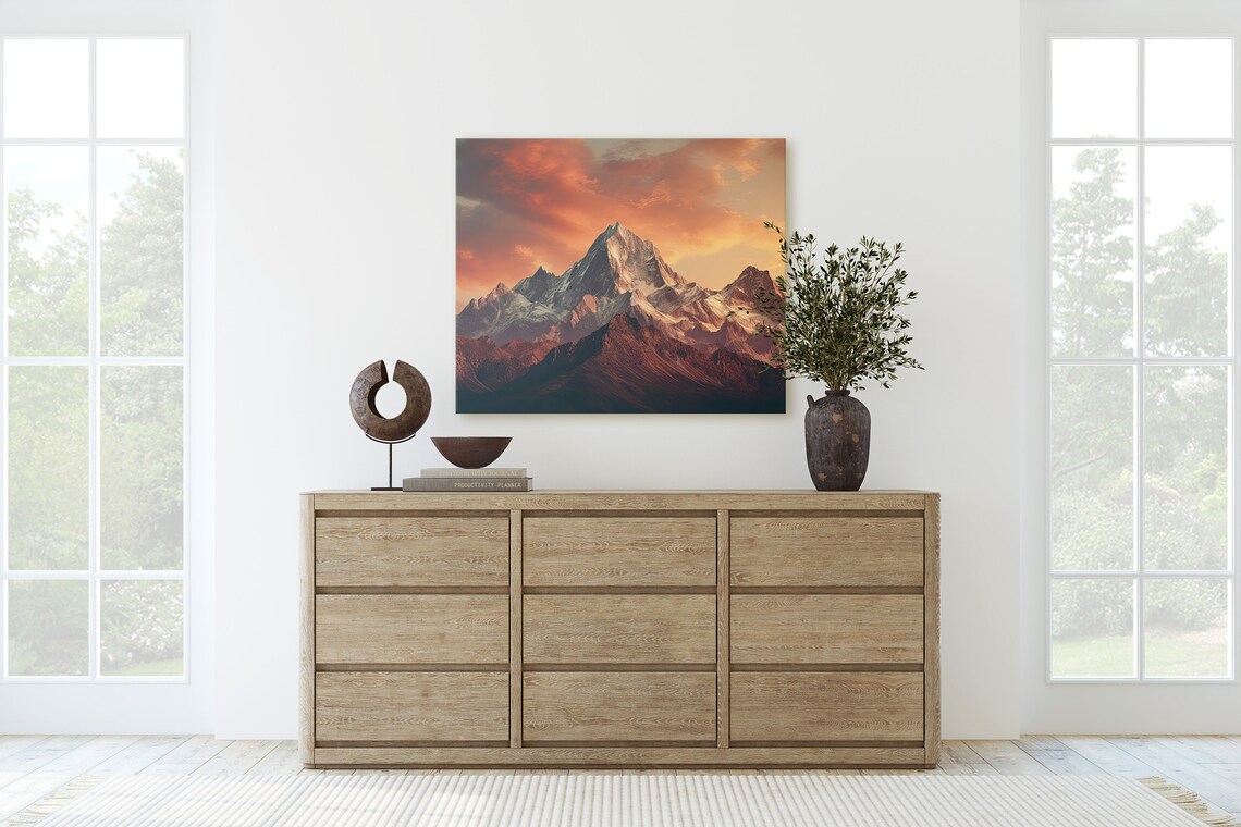 Snowcap Mountain Sunset Landscape Art Print - Image 2