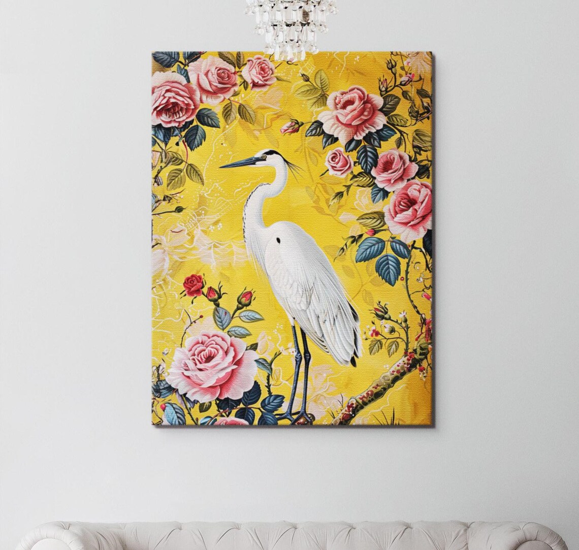 Japanese White Crane Art Print, Yellow Flowers