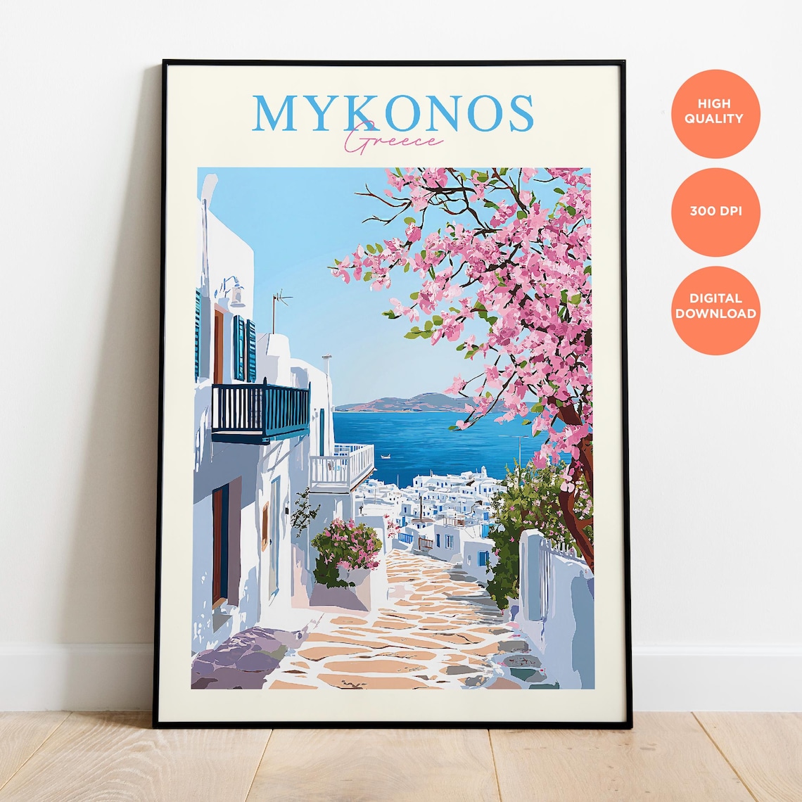 Mykonos Greece Vintage Whitewashed Lane Blossom Sea Travel Poster - Image 3