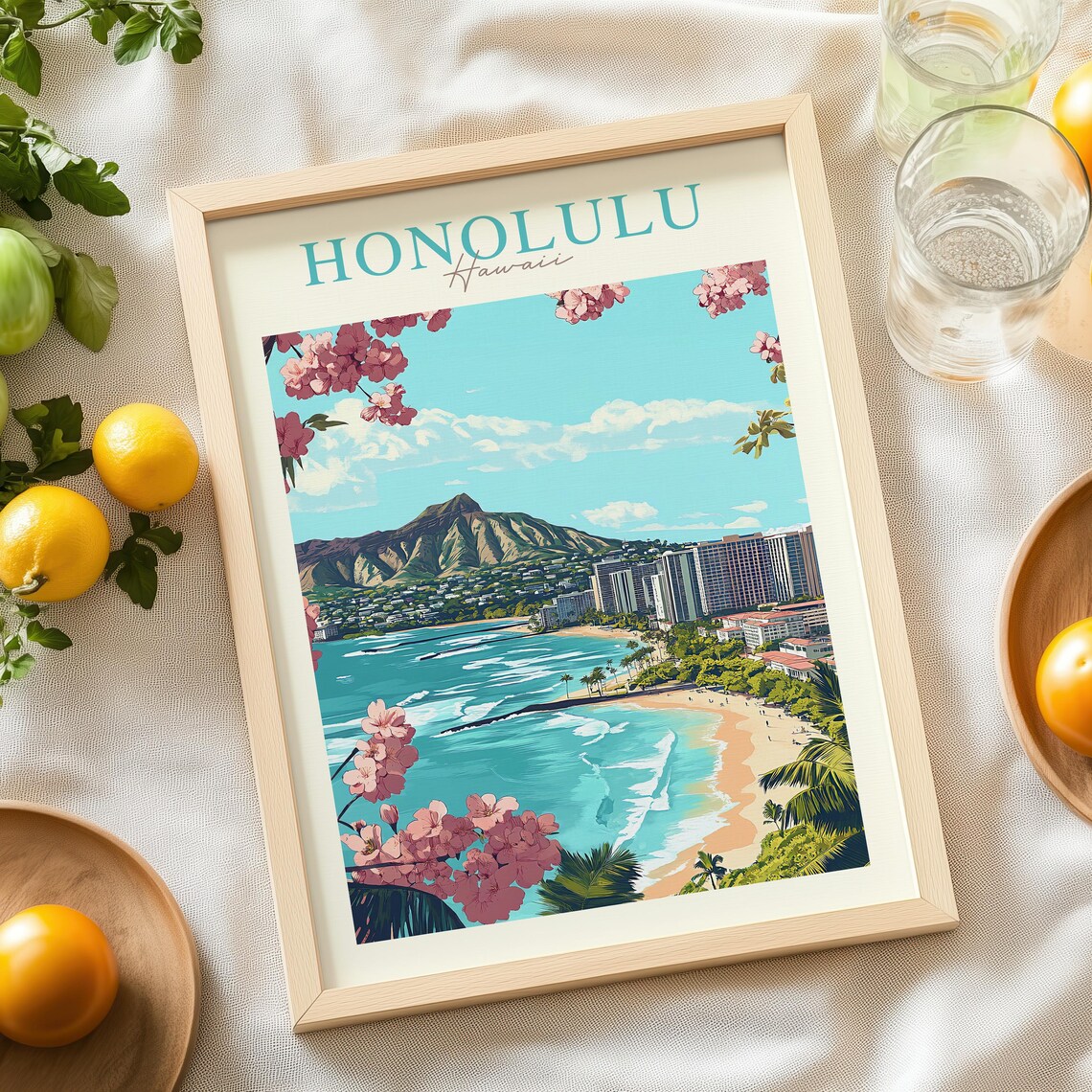Honolulu Hawaii Vintage Diamond Head Waikiki Beach Travel Poster - Image 4