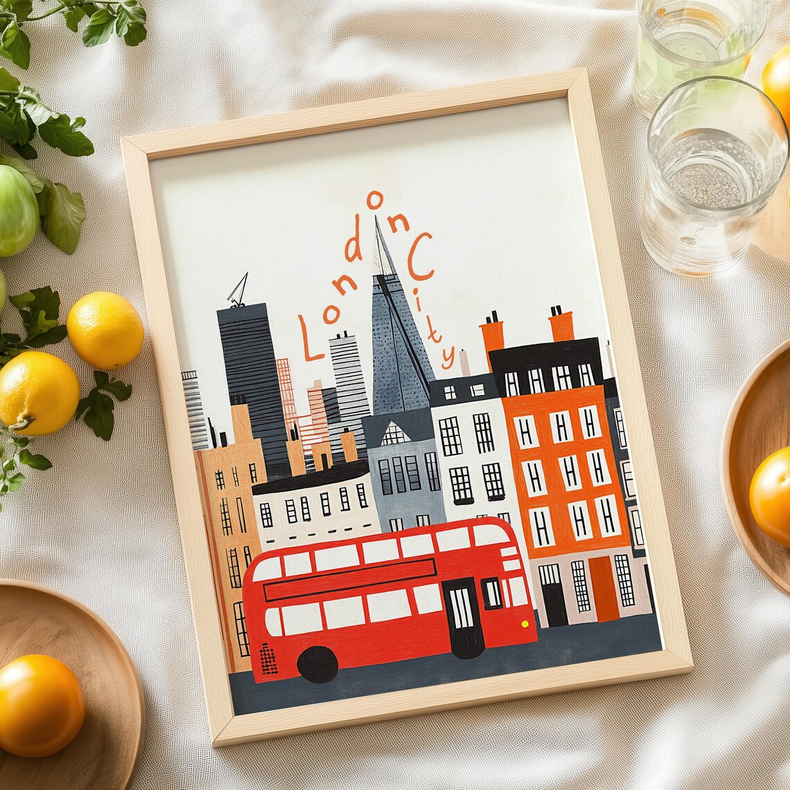 London City Red Bus Shard Skyline Handwritten Illustration Poster - Image 3