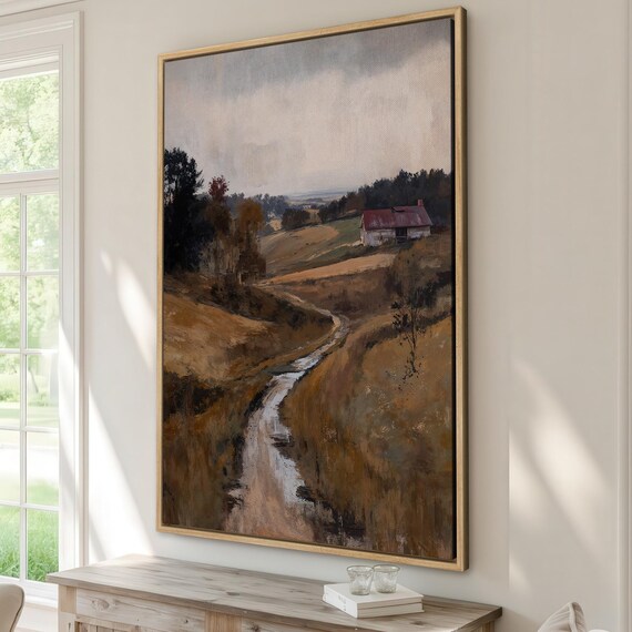 Autumn Barn On A Golden Hillside Winding Stream Rustic Poster