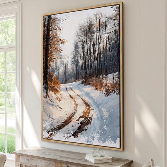 Snowy Forest Path Framed Canvas Print Rustic Winter Landscape Wall Art Country Scene Peaceful Nature Decor Ready To Hang Gift