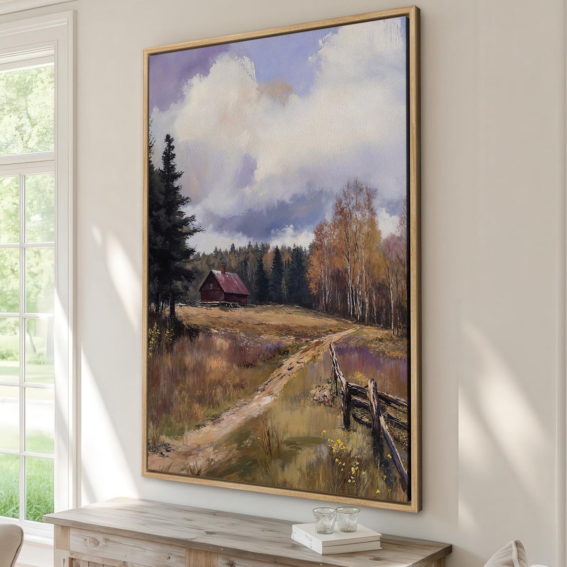 Red Barn Cottage In Autumn Woods With Dirt Path Canvas Print